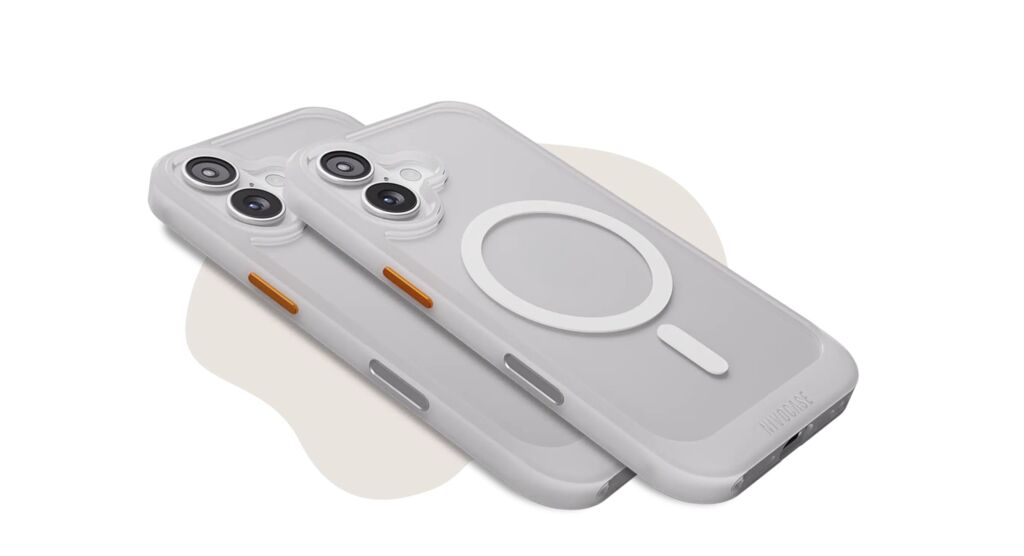 Zwei hochwertige Smartphone-Hüllen in sanftem Weiß mit MagSafe-Magnet