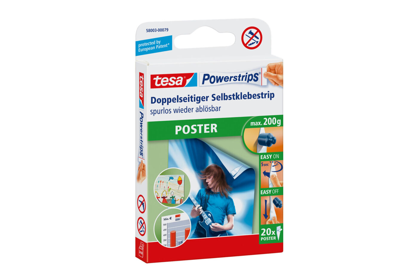 Verpackung tesa Powerstrips Poster, doppelseitige Klebestreifen bis 200 g, rückstandslos entfernbar