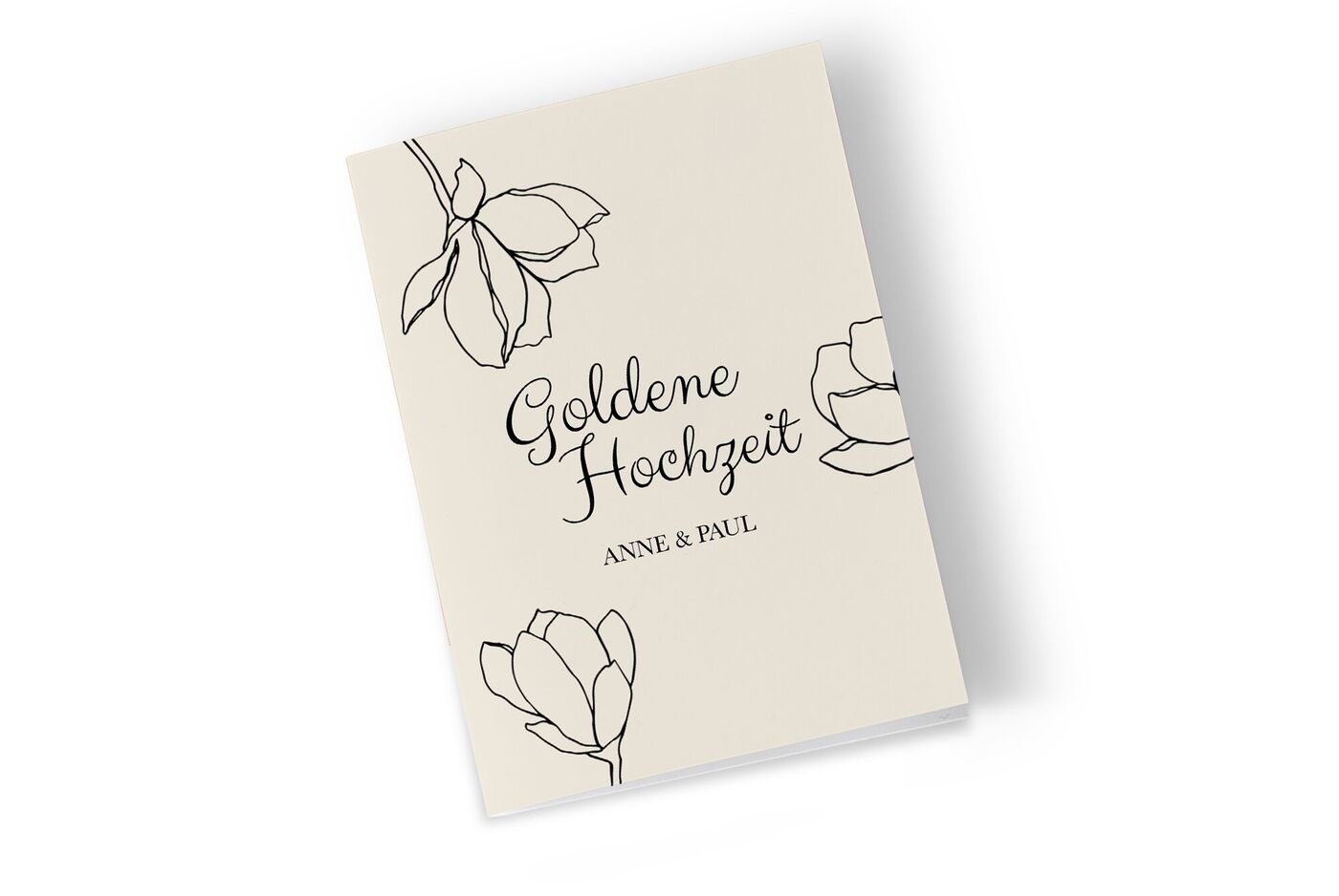 Eine Einladungskarte mit minimalistischem Design mit gezeichneten Blumen und einem Schriftfeld in der Mitte.
